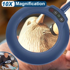 IVMAIE 10X Magnifying Glass with Light, Flexible Gooseneck Lighted Magnifier with Stand, 5 Color Modes Dimmable LED Desk Lamp Hands Free for Crafts Painting Sewing Jewelry Reading Close Work - Blue