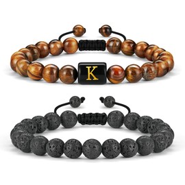 FOCOOG Tiger Eye Bracelet for Men - Initial Bracelet for Men Layered Bracelet for Men Letter K Mens Beaded Bracelets Mens Bracelet Adjustable Beaded Bracelets for Men Jewelry Gifts for Men
