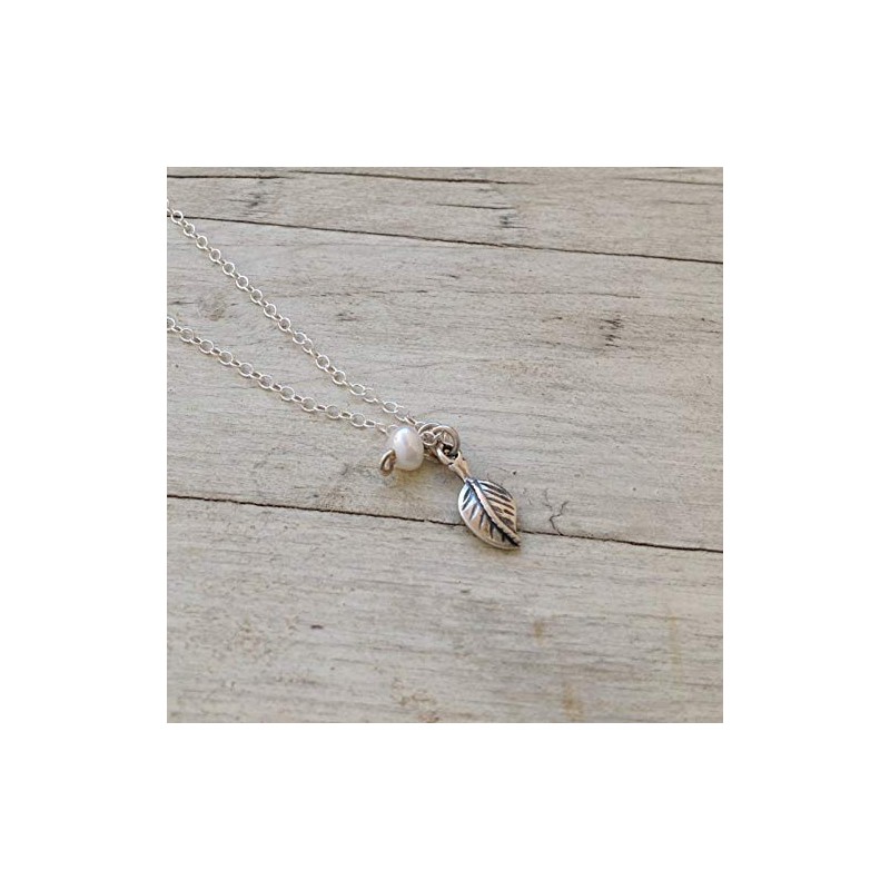 Silver Leaf Necklace White Pearl Leaf Pendant 925 Sterling Silver