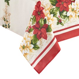 Elrene Home Fashions Red and White Poinsettias Holiday Fabric Tablecloth, 60" x 102", Multi, 60" x 102" (Tablecloth)