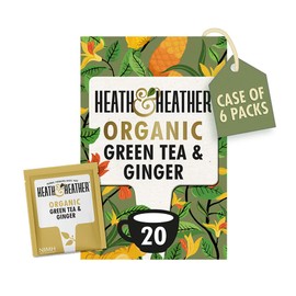 Heath & Heather Organic Green Tea & Ginger Teabags | Individually Wrapped Caffeine-Free Herbal Tea Infusions | 6 Packs of 20, Total 120 Tea Bags