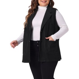 Agnes Orinda Plus Size Denim Vests for Women Dressy Sleeveless Lapel Casual Long Jean Jackets Tunic Vest 1X Black