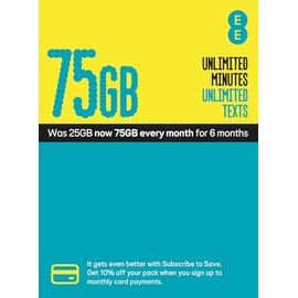EE 75GB Data Sim includes £15 pre-paid credit, 75GB Data, Unlimited Minutes & Unlimited Texts