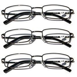 V.W.E. 3 Pairs Slim Metal Rectangular Reading Glasses With Spring Hinge Rectangle Reader (3 Gunmetal, 1.75)