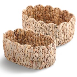Chunful 2 Pcs Wicker Scalloped Baskets - Rattan Water Hyacinth Baskets for Organizing and Decor Hand Woven for Bedroom, Living Room, Laundry, Nursery Room
