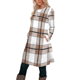 OFEEFAN Sweater Dress for Women Fall Dresses for Women Winter Tunic Dress Loose Flowy Daily Brown White Grid Medium