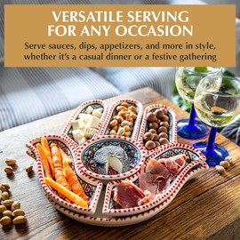 Kamsah Serving Platter, Tray, Dish Set for Entertaining — Hand-Painted Ceramic Hamsa Hand Appetizer Serving Dishes, Plate for Celebrations, Parties and Events for Food, Dip (Large, Bohemian Red)