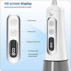 Sadat Cordless Rechargeable Oral Irrigator with Intelligent LED Screen, visible battery level, 360-degree rotation nozzle, 9 Modes, 300 ml Water Tank, IPX7 Waterproof Dental Water Flosser (White)
