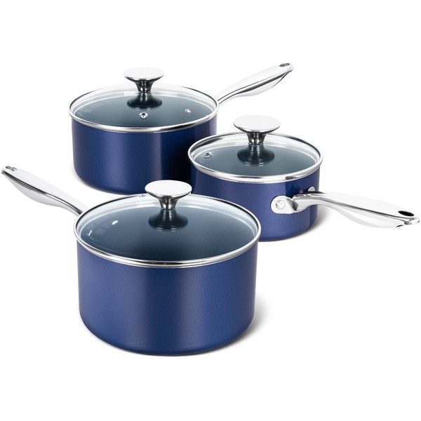 MICHELANGELO Sauce Pan with Lid, Ceramic Saucepan Set, 1.5Qt & 2Qt & 3Qt Sauce Pan Sets, Nonstick Saucepans with Lids, Small Pots with Stainless Steel Handle, Oven Safe, Blue