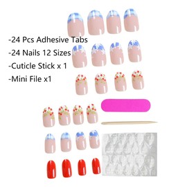 KTAABTR French Tip Press on Nails Short Almond Shaped 24Pcs Independence Day Fake Nails with Glue, Cherries Stars Acrylic Nails Designs Short French Nail Tip Stick on Nails for Women Girls
