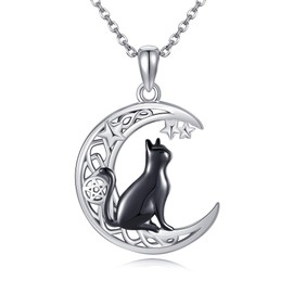 VENACOLY Black Cat Necklace 925 Sterling Silver Celtic Moon Cat Pendant Necklace Animal Jewellery Birthday Gifts for Women Mum, Sterling Silver