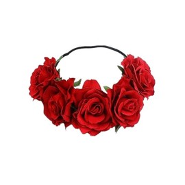 Lofruiin Women's Bohemian Stretch Rose Flower Headband Floral Crown Simulated Rose Flower Headband for Travel Party Festivals (Dark Red, Free)