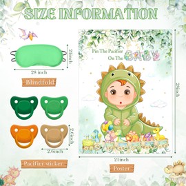 Faccito Dinosaur Baby Shower Party Games Pin the Pacifier Games Set Include Sage Green Dino Poster Blindfold 24 Pacifier Stickers for Jungle Dinosaur Birthday Party Baby Shower Activities Decorations
