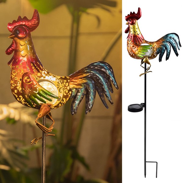 Tryme Solar Lights Outdoor Decorative Rooster Garden Decor Chicken Crackle Glass Globe Stake Lights Waterproof Warm White LED Yard Decor for Pathway Lawn Patio Courtyard Backyard