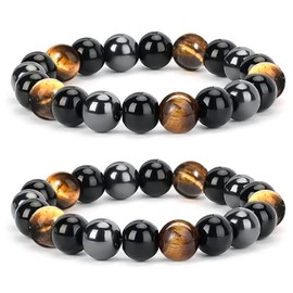 Zoonvii Pack of 2 Tiger's Eye Bracelet, Black Tourmaline Stone Bracelet, Triple Protection, Obsidian Hematite Bracelet, Gift for Friends, Husband, Father, Platinum Alloy, Tiger Eye Stone