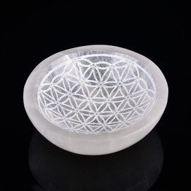 AMOYSTONE Round Selenite Charging Bowl for Crystals Stones 4” Engraving Pattern Flower of Life 1, Home Decors, Healing