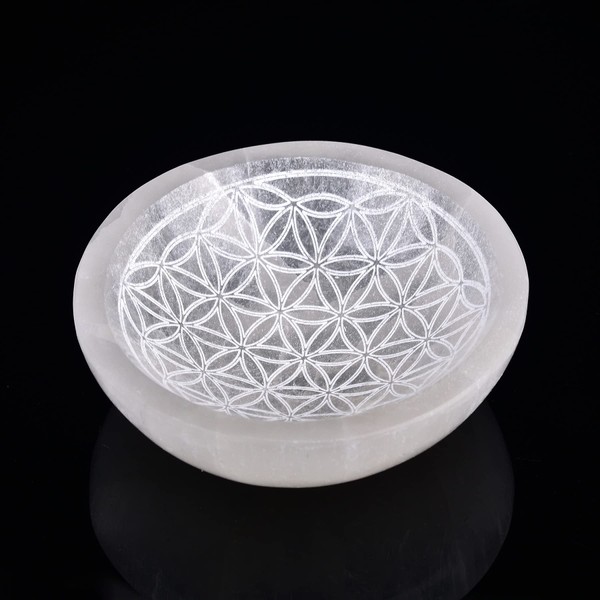 AMOYSTONE Round Selenite Charging Bowl for Crystals Stones 4” Engraving