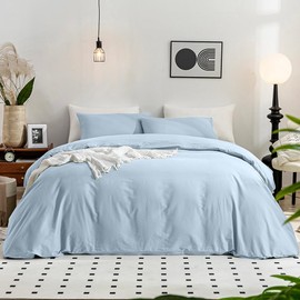 JELLYMONI Light Blue Duvet Cover Queen Size - 100% Washed Cotton Linen Feel Textured Comforter Cover, 3 Pieces Breathable Soft Bedding Set with Zipper Closure (Light Blue, Queen 90"x90")