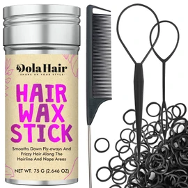 Dolahair Hair Wax Stick & Accessories - Flyaway Control for Kids & Women, 50 Pcs Colorful Elastic Hair Bands, 1 Pcs Slick Back Hair Brush, 2 Hair Loop Styling Tools (Black)