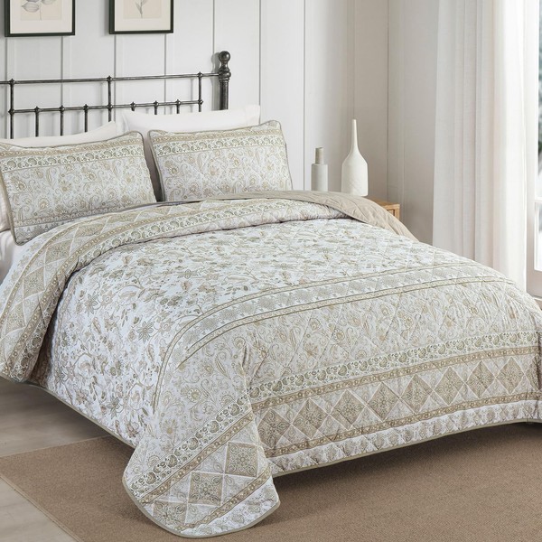 Yiran Beige Quilt Set Double Size,Bohemian Striped Bedspread Coverlet Set,3