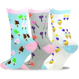 Light Blue Light Grey Pink Tip Toe Cute Fun Novelty Cotton Crew Socks for Women 9-11 3 Pairs (Lollipop, Ice Cream Corn, Ice Cream Bar). Great idea for a birthday party!