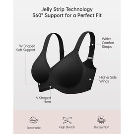 Vertvie Women's Seamless Bra Wireless Push Up Support Bra Comfort Full Coverage Bra V Neck Sleep T-Shirt Everyday Bralettes (Black,XX-Large)