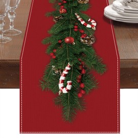 Christmas Table Runner, Red Linen Christmas Table Runners Tablecloth with Christmas Tree Bells Xmas Cane Print, Dinner Christmas Table Decoration for Xmas Table Centrepiece Decorations (13 x 90Inch)