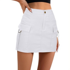 Zando High Waisted Cargo Mini Skirt Y2K Button Cargo Skirts for Women White Denim Skirt Women Bodycon Denim Mini Skirt Y2K Jean Skirt for Women with Pockets White Large