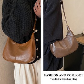 Huwzder Crescent Hobo Bags Retro Crossbody Bag Vegan Leather Shoulder Purse Soft Cute Handbag for Women (Brown)