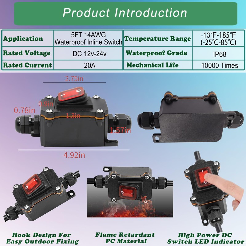 PAGUO Inline Cord Switch 12V 20A DC IP68 Waterproof with
