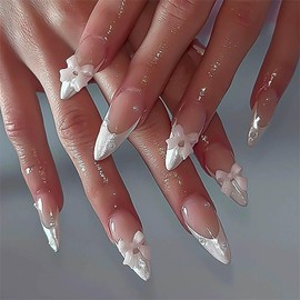 RUOKEXIN Almond Press on Nails White French Tip Fake Nails Medium False Nails with 3D Bow Designs Pink Nail Press ons Sparkly Artificial Nails Cute Stick on Nails for Women 24Pcs