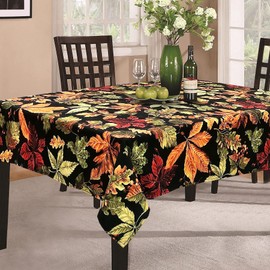 CAIT CHAPMAN HOME COLLECTION Allover Autumn Leaves Easy-Care Printed Fabric Tablecloth (60"x102" Rectangle, Black)