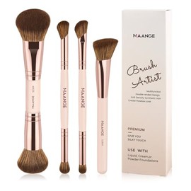 MAANGE Set de Brochas para Maquillaje 4PCS Brochas de Maquillaje Premium de Doble Punta Multi Usos con Estuche Brocha para Base Pulir Líquidos, Cremas, Polvos Ideal para Regalar(Beige+Dorado)