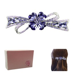 Crystal Flower Hair Barrette, Purple Rhinestone Bow Design, Silver Metal Hair Clip with Gift Box