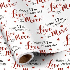RUSPEPA Wrapping Paper Roll for 17th Anniversary - 17 Inches x 16.4 Feet - Happy 17th Anniversary Love you More Design on Durable Paper for Wedding Anniversary, Valentine's Day and Special Occasions