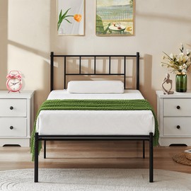 VECELO Twin Metal Platform Bed Frame with Headboard, Heavy Duty Steel Slat Support, Under Bed Storage,No Box Spring Needed, Easy Assembly