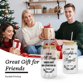 AGH Christian Gift for Women, 16oz Glass Tumbler with Lid and Straw- Inspirational Religious Gift with Prayer Quotes, Iced Coffee Cup for Birthdays, Baptism, Christmas, or Daily Encouragement
