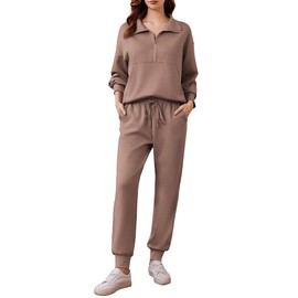 PINSPARK Travel Outfits for Women 2 Piece 2024 Fall Long Sleeve Lounge Sets Jogger Sets Half Zip Sweatsuits Tracksuits with Kangaroo Pockets,Taupetastic Small