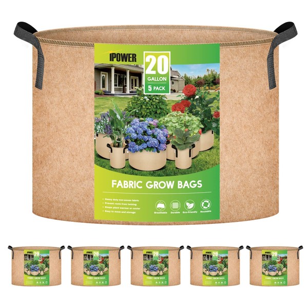 iPower 20 Gallon Grow Bags Nonwoven Fabric Pots Aeration Container with Strap Handles for Garden and Planting, 5-Pack Tan, 20 Gallon 20 Gallon
