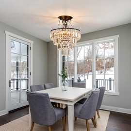 CVKASH 5 -Lights Crystal Round Chandelier Antique Modern Black Semi Flush Mount Ceiling Light Fixture Ceiling Lighting for Living Room Dining Room Bedroom Entryway Foyer Bathroom with E12