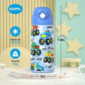 Ntswasd Monster Truck Children's Stainless Steel Straw Thermos Flask, 500 ml, BPA-Free, Leak-Proof Thermal Water Bottle for School, Nursery