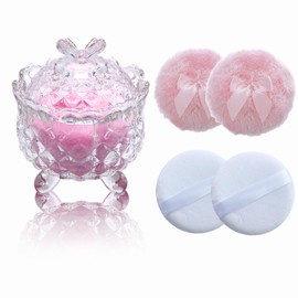 Qopoto 5 Pieces Large Body Powder Puff and Powder Container, Crystal Case for Dust Puff, Powder applicator with Box for Face and Body (Clear, Butterfly)