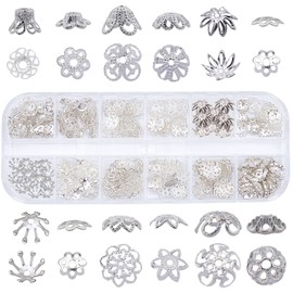 SUNNYCLUE 240 Pieces, 12 Types, Bead Cap, Antique Gold, Silver Ancient Art, Alloy Beads, Cap, Flower Shape, Chrysanthemum, Openwork Cap, Spacer Beads, Flower Charm, Accessory Parts, Flower Shape,