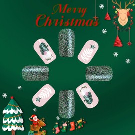 Christmas Press On Nails - Short Press on Nails Green Christmas Fake Nail Glitter Xmas Square Full Clover False Nail for Nail Art (1-Christmas, 24pcs/box)