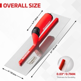 Goldblatt RED Professional Drywall Trowel, 14"x 4" Stainless Steel Finishing Masonry Trowel with Soft Grip Handle, Lightweight Magnesium Shank, Beveled Blade, Plastering Trowel for Sheetrock