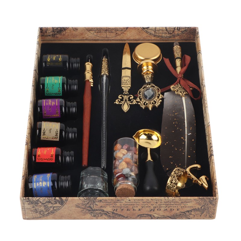 Feather Pen Set European Style British Retro Lacquer Stamp Dipped