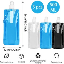 Taechalingo Foldable Drinking Bottle, Pack of 3, Foldable Water Bottle, 500 ml, Reusable Foldable Water Bottle, BPA-Free, for Outdoor Sports, Cycling, Hiking