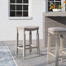 Barton Set of 2 Bar Stools Beige 28.5" Saddle Backless Premium Padded Indoor/Outdoor Nailhead Cushion Kitchen Counter Chairs Pub Seat Foot Rest