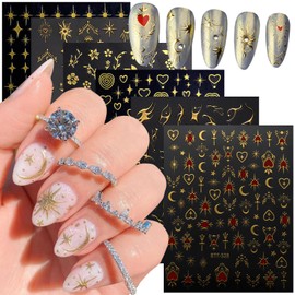 Vezocim Gold Nail Art Stickers, Sun Moon Stars Heart Line Flower Nail Self-Adhesive Sticker Design, 3D Gold Nail Transfer Decals for Women Girls Manicure Charms Decorations, DIY Nail Art Decal