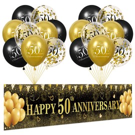 50th Wedding Anniversary Decorations, Black Gold Happy 50th Anniversary Yard Banner and 18Pcs 50th Happy Anniversary Balloons for 50th Wedding Anniversary Birthday Party Supplies